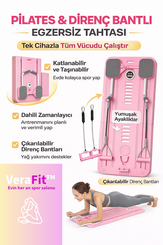 Verafit™ Pilates Aleti - Zamanlayıcılı, Direnç Bantlı Çok Amaçlı Egzersiz Tahtası